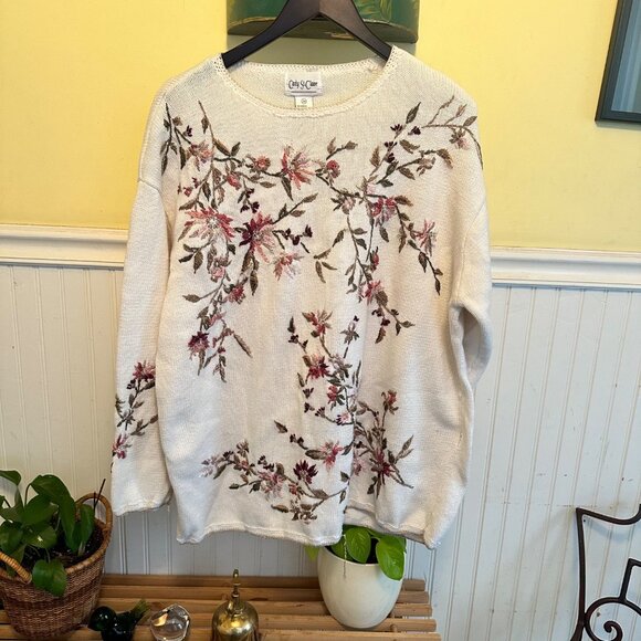 Vintage Plus size sweater 90s Carly St. Clair cross-stitch florals pastel 2X - Picture 1 of 8
